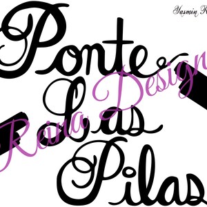 May include: A white background with the words "Ponte Las Pilas" in black script, with "Designs" in purple script. The name "Yasmin Ramos" is in black script in the upper right corner. Two black graphic elements are also present.