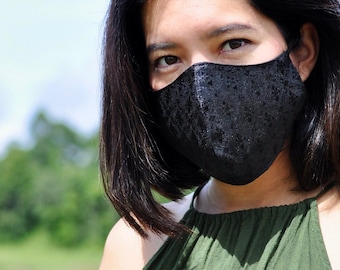 Black Thai Silk Face Mask, Reusable Face Mask in Thai Silk Pattern, Thai Mask, Beautiful Thai Silk Fabric, Silk Mask, Black Thai Silk