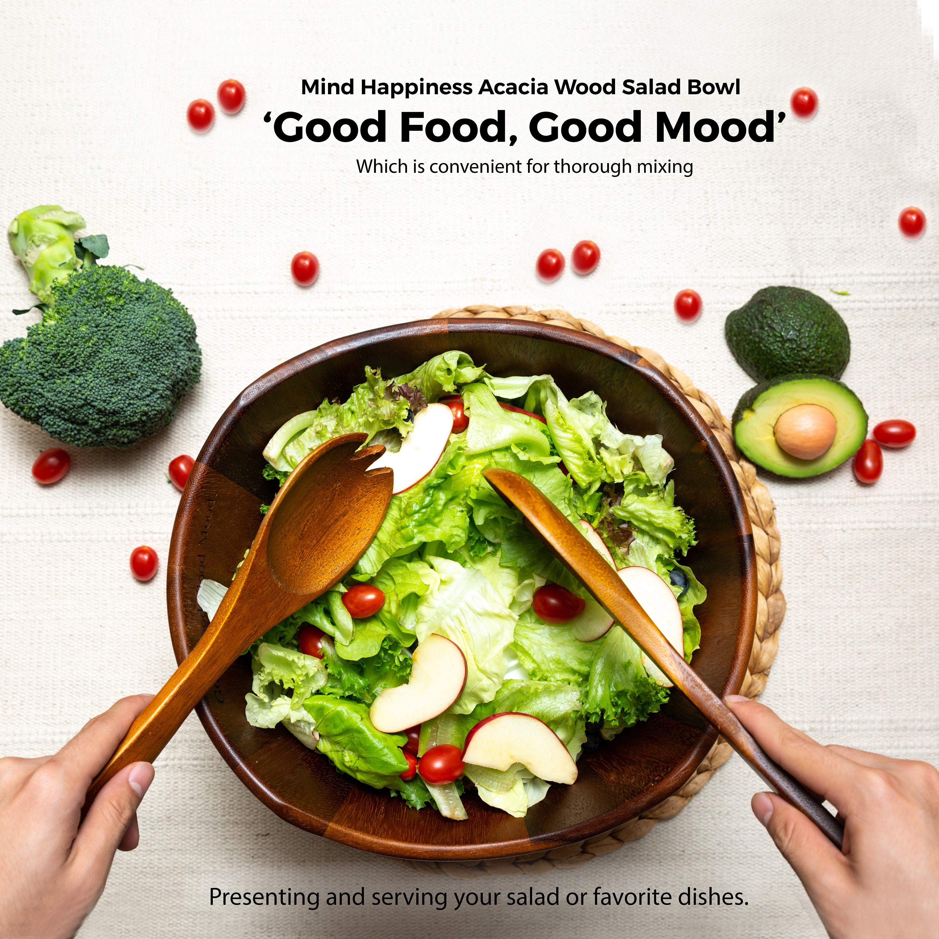 Large Salad Bowl, Wooden Bowl, Handmade Acacia Wood Big Bowl for Salads