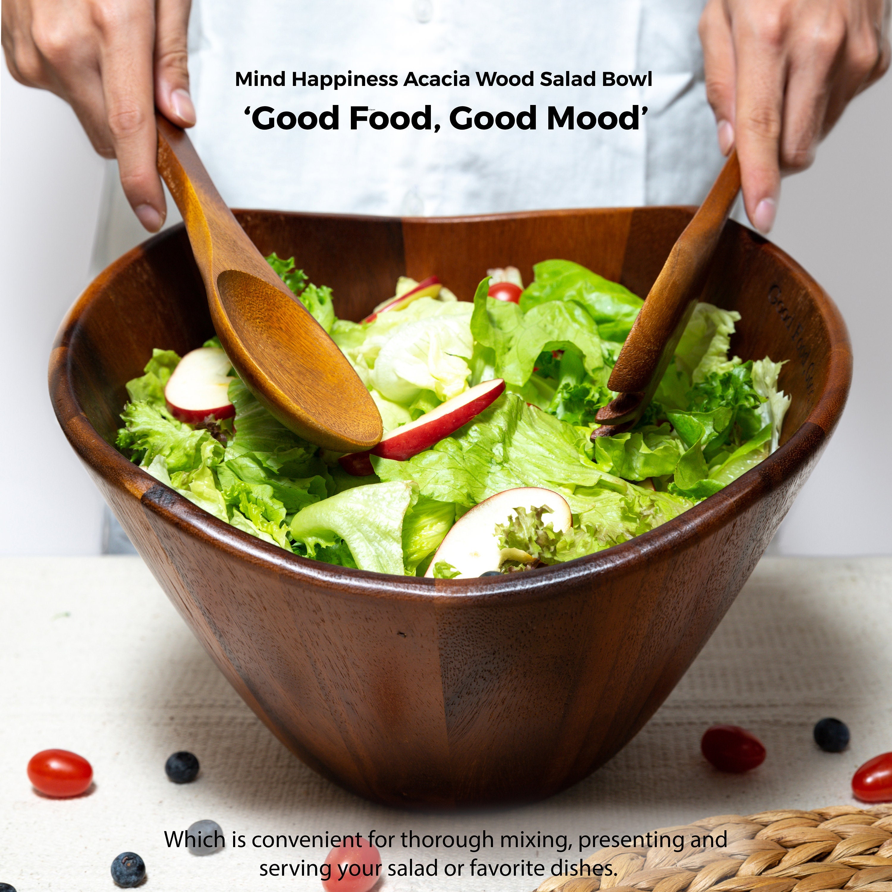 Large Salad Bowl, Wooden Bowl, Handmade Acacia Wood Big Bowl for Salads