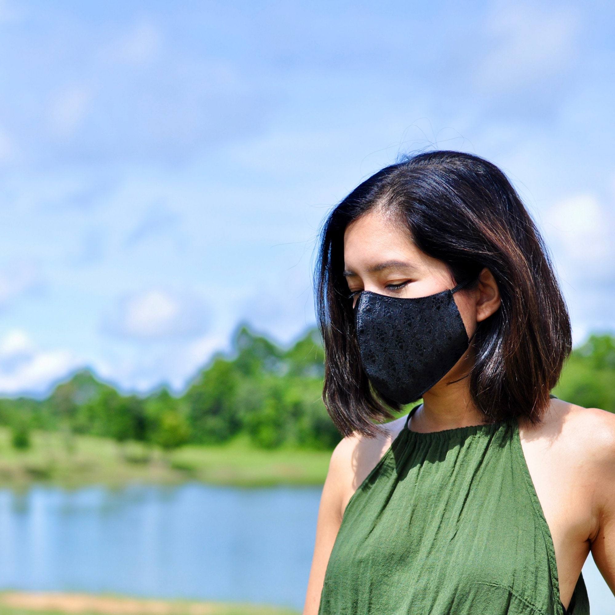 Black Silk Face Mask Reusable Face Mask in Thai Silk Pattern Etsy