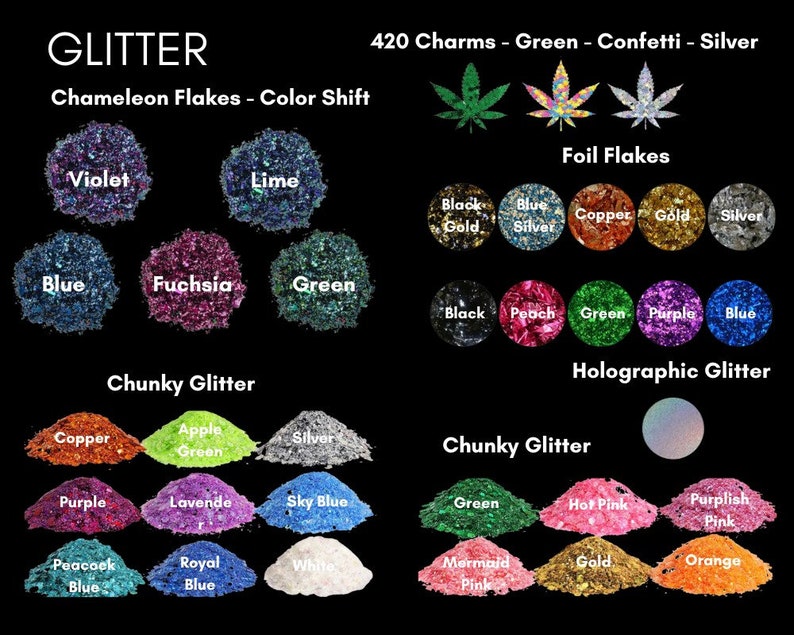 Puede incluir: Imagen que muestra varias opciones de purpurina. Incluye escamas camale&oacute;n en violeta, lima, azul, fucsia y verde. Tambi&eacute;n presenta escamas de aluminio en negro, dorado, azul, plateado, cobre y dorado. Opciones de purpurina gruesa en cobre, verde manzana, plateado, morado, lavanda, azul cielo, azul pavo real, azul real y blanco.