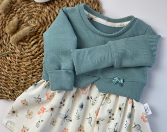 Girly Sweater Baby 62-104/ Blau/Ribjersey/Jersey/Frühling/Blumen/Schmetterlinge