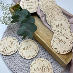 Cartes étapes bébé en bois, gravées au laser, cadeaux de naissance, placées dans des sacs en coton, fille, garçon, rondes, personnalisées
