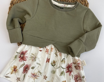 Girly Sweater 86&92/Moosgrün/Ribjersey/Aquarellblumen