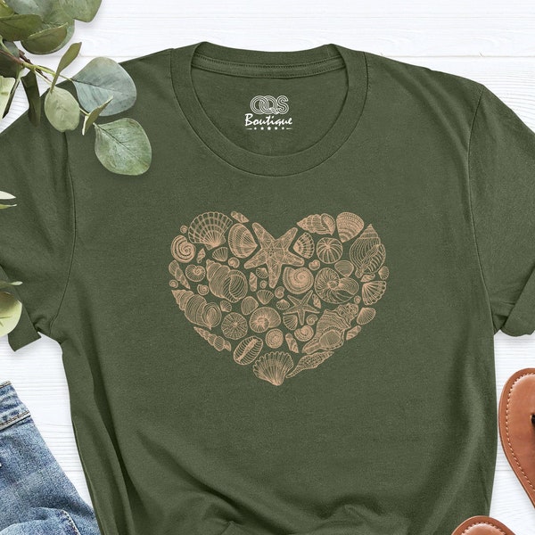 Vintage Seashell Graphic Tee, Oyster Shirt with Heart Design, Sea Creatures Shirt, Beach Lover Gift, Starfish Shirt, Womens Ocean Outfits