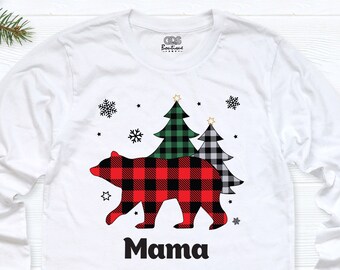 Custom Mama Bear Christmas Long Sleeve Shirt, Buffalo Plaid Bear Family Sweatshirt, Personalized Christmas Hoodie, Winter Family Party Tee