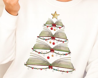 Christmas Book Tree Sweatshirt Hoodie, Book Lovers Sweater, Bookworm Christmas Hoodie, Xmas Sweatshirt For Teachers, School Christmas Hoodie