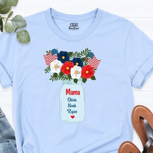 Mom 4th of July Floral Shirt, American Flag Mama Shirt, Custom Kids Name Tees, Mama Shirt with Personalized child names, Mama Flower Shirt