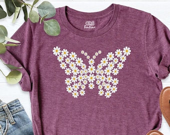 Butterfly Tee with Daisy Design, Butterfly T-Shirt, Butterfly Graphic Tee, Women's Floral Shirt, Butterfly Lover Gift