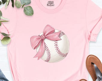 Pink Bow Baseball Shirt, Softball Mom Tee, Girly Game Day T-Shirt, Baseball Lover Tees, Trendy Sports Mom Shirt, Aesthetic Baseball Shirt