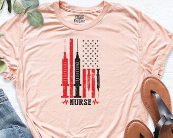 Nurse Graphic Tee, US Flag Health Worker Gift T-Shirt, Nurse Week Shirt, Nursing School T-Shirt, Registered Nurse Outfit