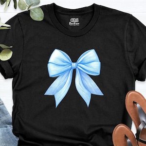 Blue Coquette Bow Shirt, Women Blue Ribbon Tee, Feminine Aesthetic Shirt, Blue Graphic Shirt, Soft Blue Bow T-Shirt, Coquette Ribbon Shirt