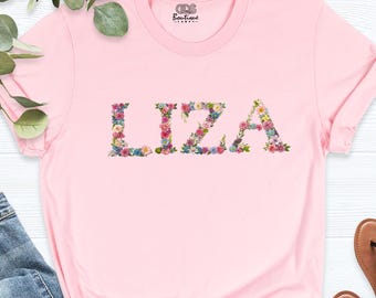 Custom Name Floral Shirt for Women, Personalized Flower Letter Tee, Shirt for Her, Flower Name T-Shirt, Spring Birthday Shirt, Girl Name Tee
