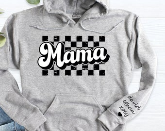 Retro Mama Hoodie, Mother's Day Gift Hoodie, Mama Hoodie, Mom to Be Hoodie, Checkered Mama Personalized Hoodie With Kids Names On Sleeve