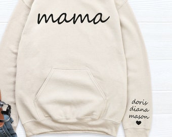 Personalized Mama Hoodie with Kids Names Sleeve, Custom Mom, Mothers Day Gift Hoodie, Birthday Gift for Mother, Child Names on Sleeve Hoodie