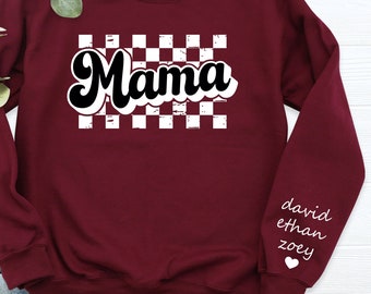 Checkered Mama Sweatshirt with Kids Names Sleeve, Vintage Mothers Day Gift, Retro Birthday Gift for Mother, Custom Child Name Sleeve Hoodie