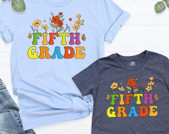 Retro Fifth Grade Shirt, Groovy Flower Back to School Tee, 6th Grade Teacher Student Shirt, Grade Level Shirt, First Day of School Outfit