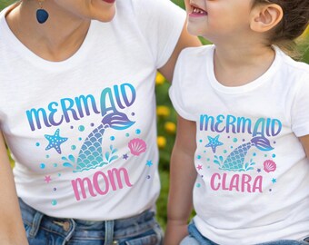 Mermaid Mommy and Me Matching Shirts Custom Mom and Daughter Shirt, Mom Mermaid Tee, Personalized Kid Name baby bodysuit, Birthday Mama Mini