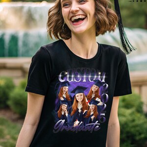 May include: A black t-shirt with a purple and white graphic design that says "Custom Graduate 2025". The graphic features multiple photos of people in graduation caps and gowns.