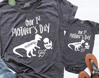 Our 1st Mother's Day Shirt, Mommy and Me Shirts, First Mothers Day Outfits, Custom Mama and Me Dinosaur Shirt, Cute Dinosaur Matching Shirts