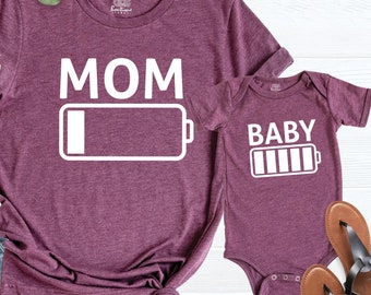 Low Battery Mom Shirt, Full Battery Baby Tee, Funny Mom Life Shirt, Mommy and Me Matching Shirts, Mom Energy Shirt, Cute Baby New Mom Shirt