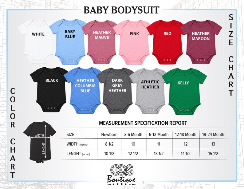 The image is a color chart for baby bodysuits, displaying various colors and sizes along with corresponding measurements.