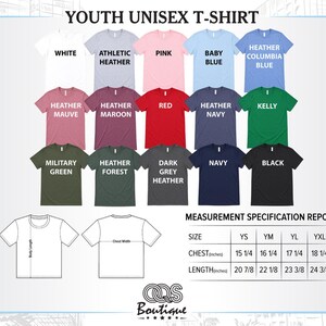 The image is a color chart for a youth unisex t-shirt, displaying various color options and corresponding measurements.
