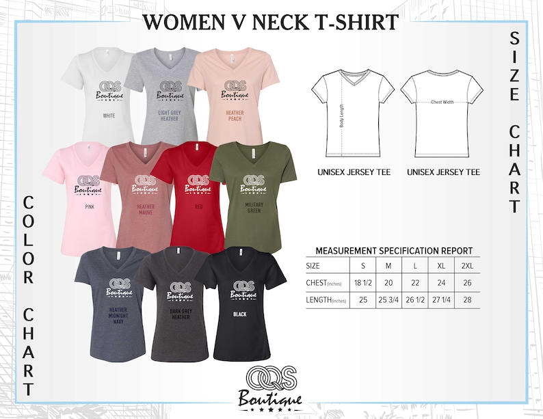 May include: Colour chart for women's V-neck t-shirts. The chart shows 10 different colours of t-shirts, including white, light grey heather, peach, pink, heather mauve, red, military green, heather midnight navy, dark grey heather, and black. The chart also includes a size chart with measurements for chest and length in inches.