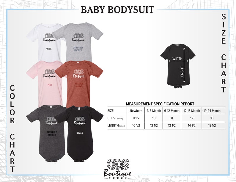 Op de afbeelding: Een maattabel voor baby-rompers met afmetingen in inches. De tabel toont de borst- en lengtemaat voor pasgeborenen tot 19-24 maanden. De rompers zijn verkrijgbaar in wit, licht grijs melange, roze, heidepaars, donker grijs melange en zwart.