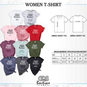 May include: A size chart for women's t-shirts with a variety of colors, including white, light grey heather, pink, heather mauve, red, heather maroon, heather dusty blue, military green, heather navy, dark grey heather, and black. The chart includes measurements for chest and length in inches.
