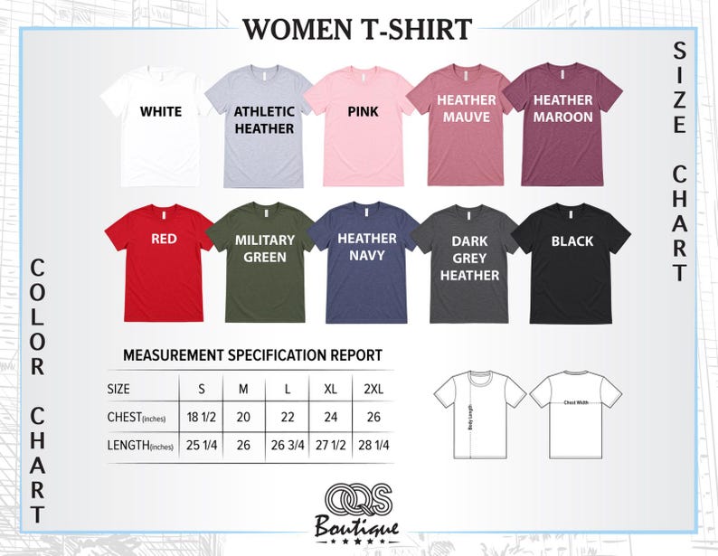 The image is a color chart and measurement specifications report for women's t-shirts, displaying various color options and corresponding sizes.