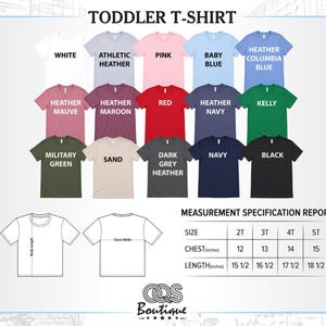 The image is a color chart for a toddler t-shirt, displaying various t-shirt colors and sizes.