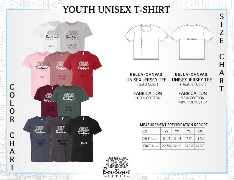 May include: Youth unisex t-shirt size chart with color options. The chart shows a variety of colors including white, light grey heather, pink, heather mauve, red, heather maroon, heather forest, heather midnight navy, dark grey heather, and black. The chart also includes the fabric composition and measurement specifications for each size.