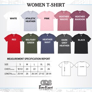 The image is a color chart and measurement specifications report for women's t-shirts, displaying various color options and corresponding sizes.