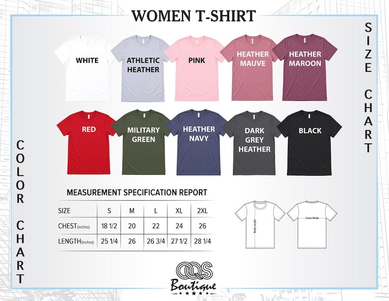 The image is a color chart and measurement specifications report for women's t-shirts, displaying various color options and corresponding sizes.