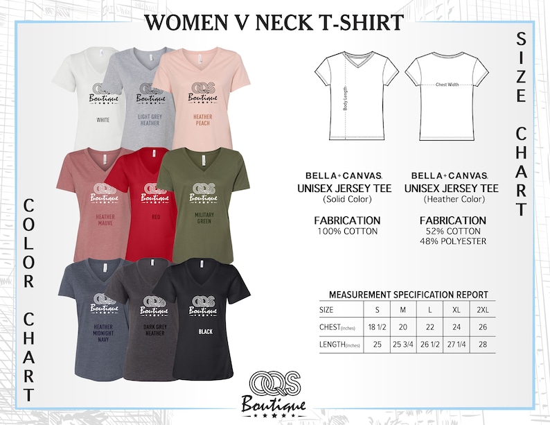 May include: A size chart for women's v-neck t-shirts. The chart shows different colors of t-shirts, including white, light grey heather, heather peach, heather mauve, red, military green, heather midnight navy, dark grey heather, and black. The chart also includes measurements for chest and length in inches for sizes S, M, L, XL, and 2XL.