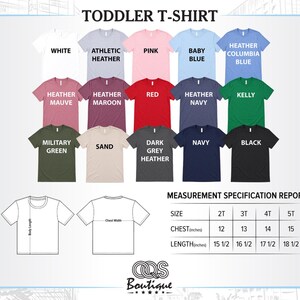 The image is a color chart for a toddler t-shirt, displaying various t-shirt colors and sizes.