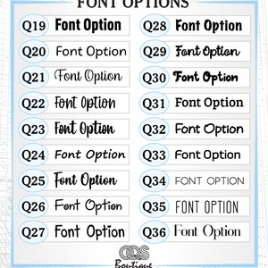 May include: A chart with 18 different font options labelled Q19 through Q36. Each font option is displayed in a white circle with a black outline. The chart is titled "FONT OPTIONS".
