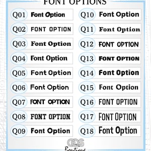 May include: A chart with 18 different font options labeled Q01 through Q18. Each font option is displayed in a white circle with a blue outline. The text "FONT OPTIONS" is displayed at the top of the chart.