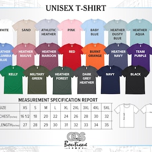 The image is a color chart and measurement specification report for a unisex t-shirt. It displays various color options and corresponding measurements for the t-shirt sizes, including chest, waist, and length.