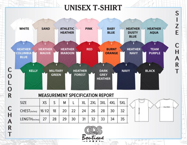 The image is a color chart and measurement specification report for a unisex t-shirt. It displays various color options and corresponding measurements for the t-shirt sizes, including chest, waist, and length.