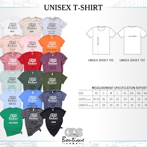 May include: Unisex t-shirt color chart with 15 different color options. The chart shows the color names and a sample of each color. The size chart shows the chest and length measurements in inches for sizes XS to 5XL.