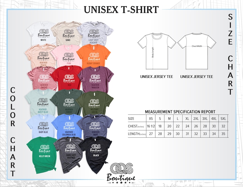 May include: Unisex t-shirt color chart with 15 different color options. The chart shows the color names and a sample of each color. The size chart shows the chest and length measurements in inches for sizes XS to 5XL.