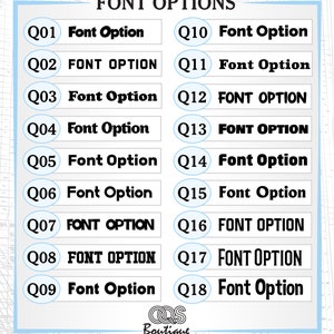 May include: A chart with 18 different font options labelled Q01 through Q18. Each font option is displayed in a white circle with a blue outline. The text "FONT OPTIONS" is displayed at the top of the chart.