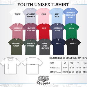 The image is a color chart for a youth unisex t-shirt, displaying various color options and corresponding measurements.
