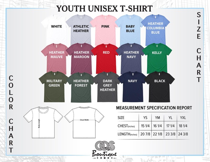 The image is a color chart for a youth unisex t-shirt, displaying various color options and corresponding measurements.