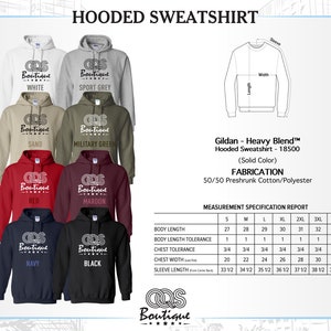May include: Hooded sweatshirt color chart with 10 different color options: white, sport grey, sand, military green, red, maroon, navy, black. The chart includes a size chart with measurements in inches for body length, body length tolerance, chest tolerance, chest width, and sleeve length.