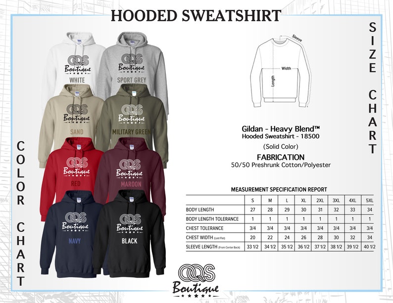 May include: Hooded sweatshirt color chart with 10 different color options: white, sport grey, sand, military green, red, maroon, navy, black. The chart includes a size chart with measurements in inches for body length, body length tolerance, chest tolerance, chest width, and sleeve length.
