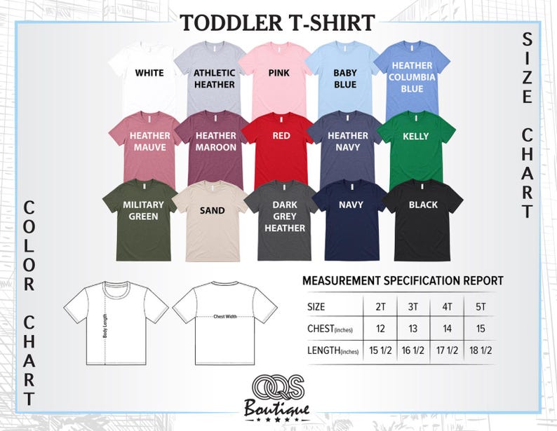 The image is a color chart for a toddler t-shirt, displaying various t-shirt colors and sizes.
